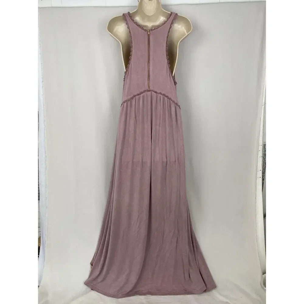 POL Dress Womens Large Dusty Pink Crochet Trim Maxi Boho Flowy Festival Slip Sun - Picture 2 of 13